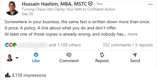 Hussain Hashim's LinkedIn post of September 26, 2026: “Somewhere in your business, the same fact is written down more than once.” 1,109 reactions, 332 comments, 5 reposts, 8,158 impressions.